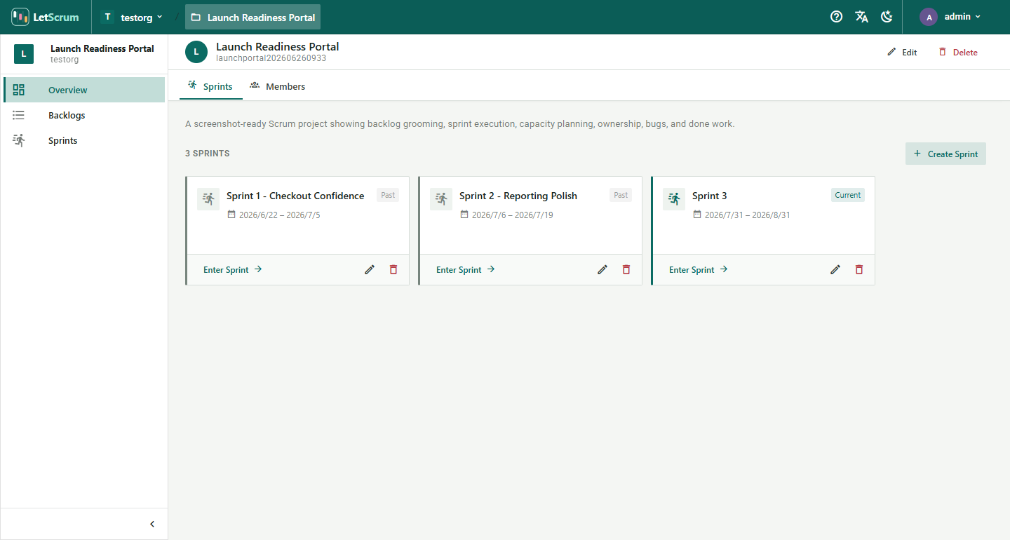 LetScrum project sprint overview