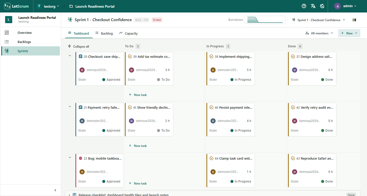 LetScrum sprint taskboard