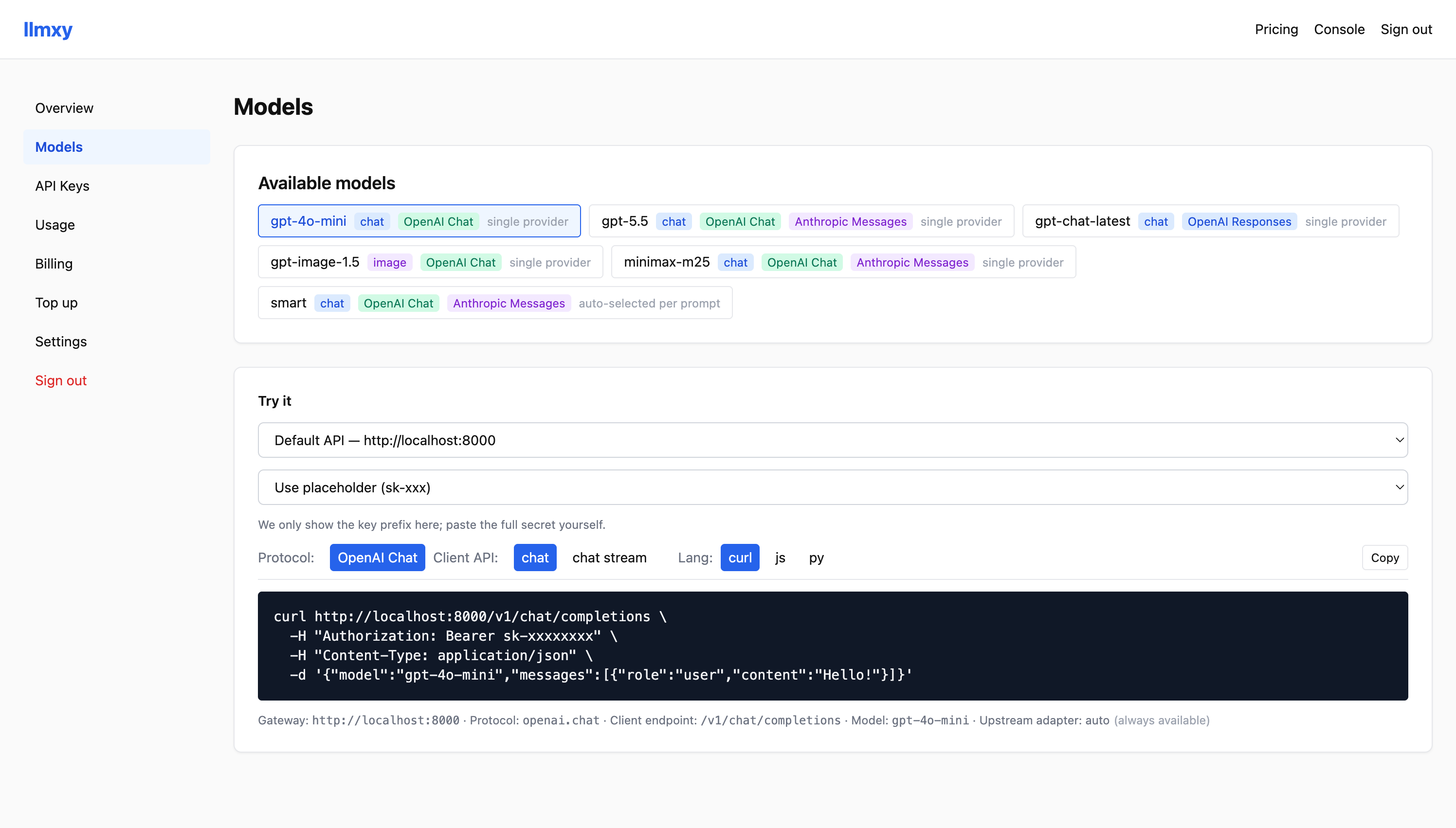 llmxy available models and API examples
